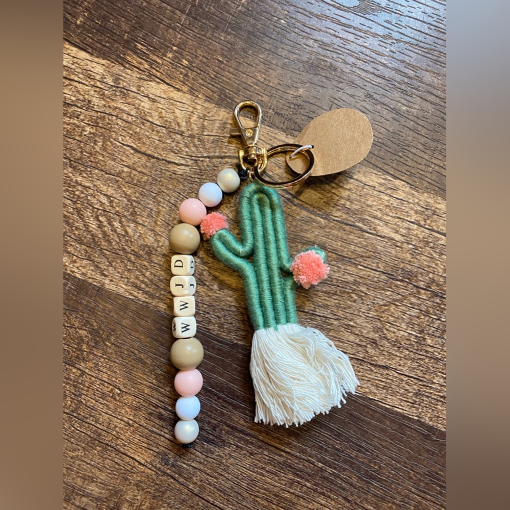 •Handmade• Cactus 🌵 Macrame and beaded key chain WWJD